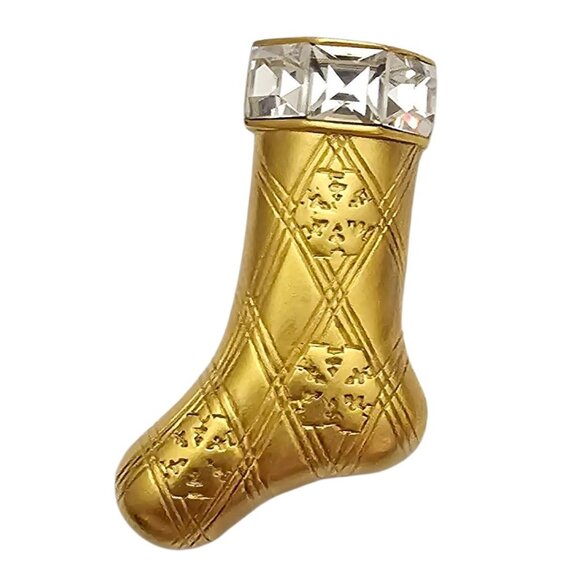 Monet Vintage Rhinestone Stocking Brooch Matte Gold Tone Pin, Signed - Picture 12 of 12